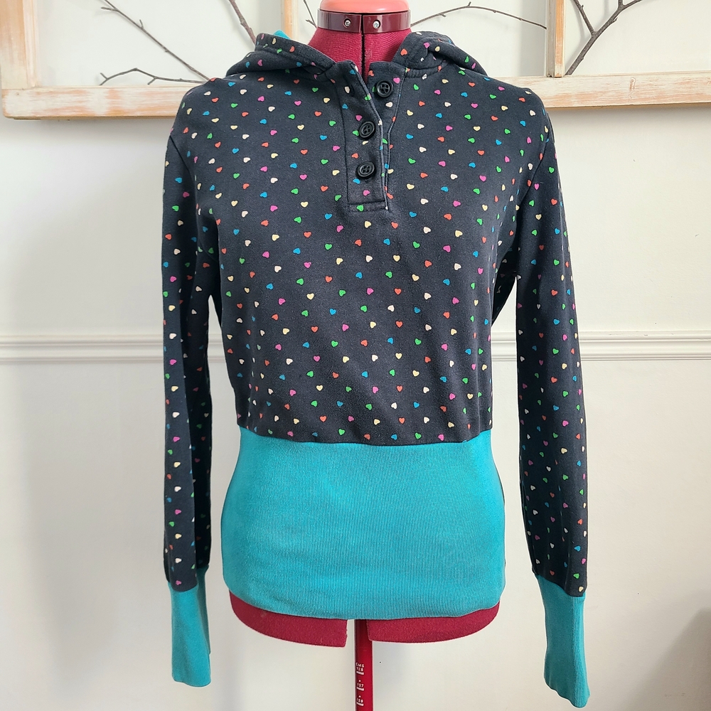 Soundgirl Black and Teal Heart Print Hoodie - Medium